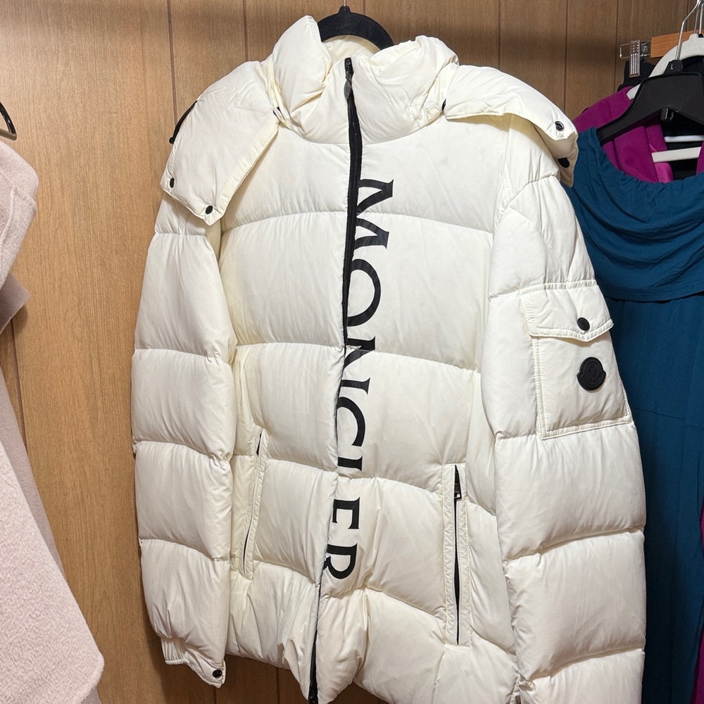 Moncler Men’s Cream Puffer Jacket with Black Accents